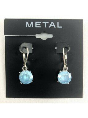 Metal Earrings Silver-tone Cubic Zirconia Dangle Blue #1014